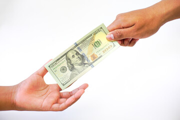 Money exchange. Man giving dollar banknotes to woman on white background, closeup