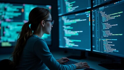 Portrait of Woman Creating a Software and Coding, Surrounded by Big Screens Displaying Lines of Programming Language Code. Female Programmer Working in a Monitoring Room. Futuristic Concept