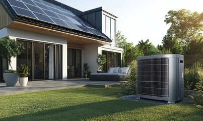 Heat pump next to the house and solar panels on the roof. The concept of an energy-efficient home