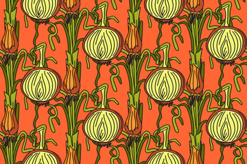 Botanical abstract seamless pattern with juicy onions vector illustration. Colorful vegetables repeating cartoon pattern in orange color background. Graphic design for Fashion Cover Textile Birthday