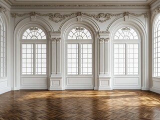 Elegant interior with arched windows and herringbone floor showcasing classic architecture and bright natural light creating a serene and sophisticated ambiance