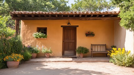 Fototapeta premium Rustic Adobe House with Vibrant Flower Garden