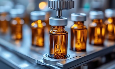 Medical vials on production line at clear pharmaceutical factory, Pharmaceutical machine working pharmaceutical glass bottles production line
