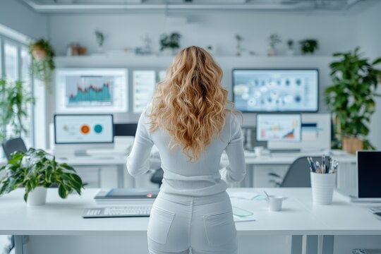 A businesswoman in a minimalist office analyzing holographic charts. Generative AI