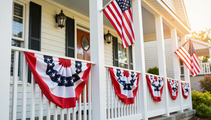 Patriotic decorations adorning front porch in suburban setting, Independence Day