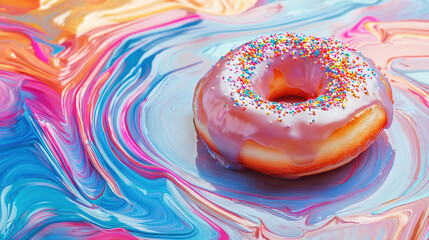 Obraz premium Glazed doughnut with sprinkles on a colorful artist palette displaying modern dessert artistry