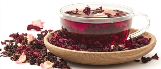 Aromatic Hibiscus Tea Infusion in Glass Cup with Rose Petals on Wooden Plate Against White Backdrop for Wellness