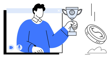 Person holding trophy in video call window, coin flipping beside. Ideal for success, motivation, achievement, celebration, financial reward, virtual events recognition. Flat simple metaphor