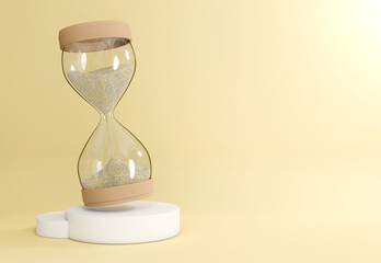 A clear glass hourglass filled with light-colored sand is placed on a white cylindrical base. Simple but striking composition. Cream background emphasizes classic and elegant. 3d rendering