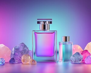 Pink luxury perfume bottle with transparent glass spray and liquid scent on white background