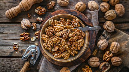 Fototapeta premium walnuts and nutcracker on wooden table