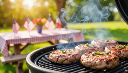 Sizzling burgers on barbecue grill in sunny backyard, summer celebration