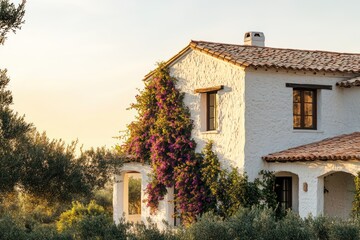 A serene Mediterranean villa with white stucco walls, terracotta roofs, and lush bougainvillea climbing the facade, surrounded by olive trees, glowing under soft golden-hour light