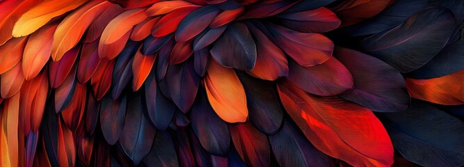A mythical phoenix feather woven pattern with fiery hues and flowing interlaced textures