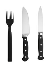a fork and two knives set arranged elegantly, ready for a culinary experience. The utensils are sharp and ready to use
