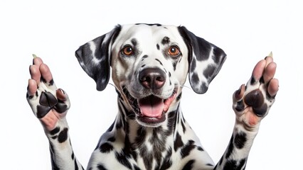 Playful Dalmatian Dog Shows Victory with Two Paws - Isolated White Background Stock Photo