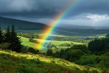 Vibrant Rainbow Arches over Lush Green Hills, Creating a Serene and Dramatic Landscape