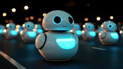 A futuristic scene featuring cute, glowing robots with big eyes, lined up on a dark road, creating a whimsical and playful atmosphere.