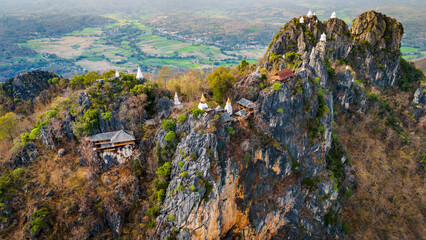 Aerial view of Thailand Sky Temple, Wat Chaloem Phra Kiat is Buddhist Temple which has been built at the very top of a mountain peak in Lampang 