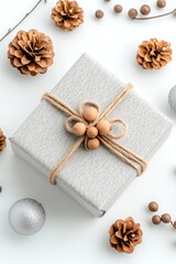 Fototapeta premium White box with a brown ribbon and a bunch of pine cones on top of it. Concept of warmth and coziness