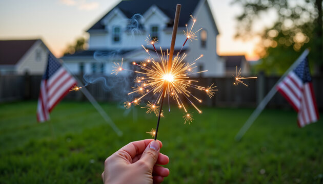 Child joyfully holding a sparkler in backyard at twilight, celebration