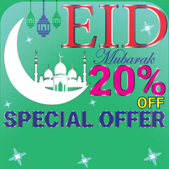 Obraz premium Eid mubarak 20 percent off special offer banner with green background and crescent with mosque