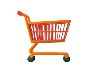a bright orange shopping cart, isolated, with green wheels