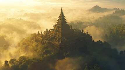 Sunrise over mystical mountaintop temple shrouded in fog.