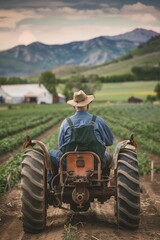 Obraz premium Rural farmer tending to crops on a tractor in the countryside