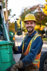 Smiling sanitation worker wearing safety vest beside garbage truck