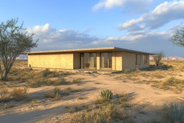 Obraz premium A single-story desert building with earth-toned walls and flat roofs, sitting in a serene and barren landscape