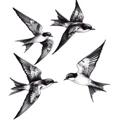 Fototapeta premium black and white flying swallows on white background for a tattoo project