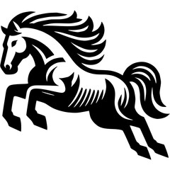 Tattoo emblem of wild horse stallion jumps over barrier to freedom in monochrome. Engraving minimalistic vector in black ink drawing on transparent background