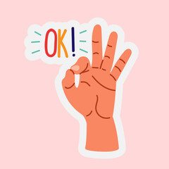 Hand OK gesture sticker, accepting, approving, agreeing. Okay fingers sign satisfaction badge label