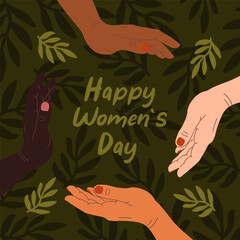 International Women's Day. diverse Hand putting together. feminism, unity, togetherness, partnership