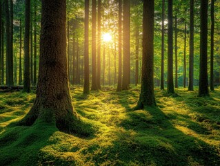 Obraz premium Enchanting Sunlight Through Verdant Forest Canopy Creates a Serene and Mystical Atmosphere with Mossy Ground and Tall Trees in a Natural Setting