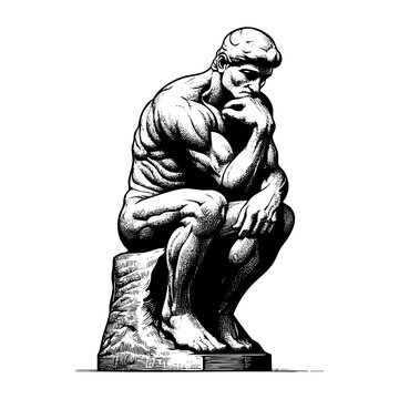 Thinker statue sketch engraving black and white outline. Scratch board imitation.
