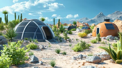 Eco Survival concept. Futuristic Eco Survival Dome in a Remote Desert Landscape