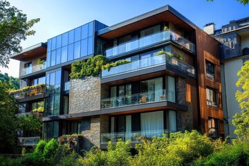 Obraz premium A sleek apartment building with a blend of glass, metal, and stone accents, surrounded by greenery