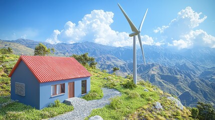 Eco Survival concept. Hand Built Wind Turbine Generating Power for an Off Grid Mountain Residence