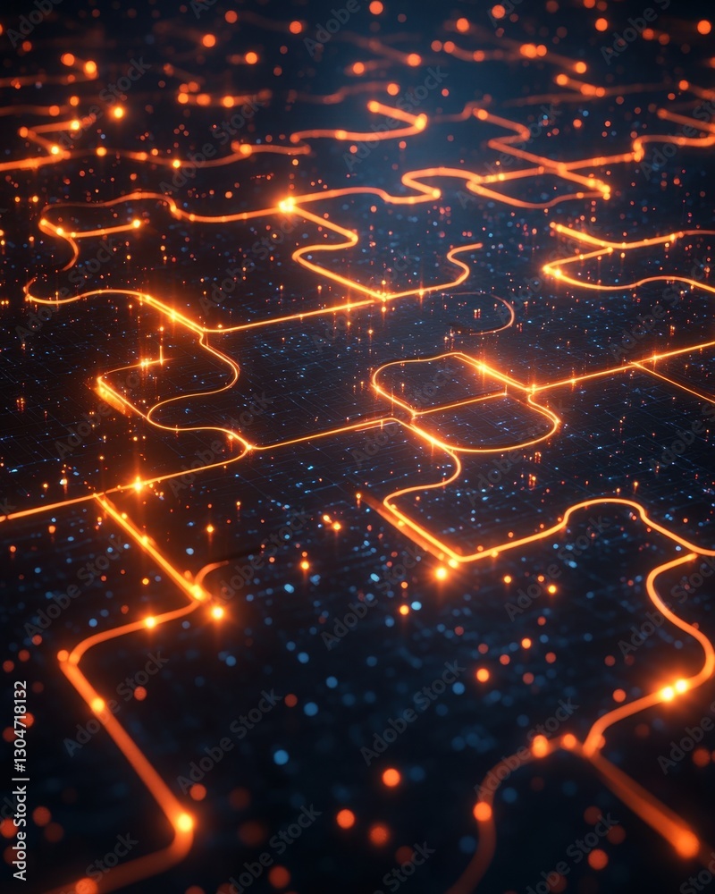 Poster abstract puzzle connection with glowing orange lines on dark grid background represents completeness