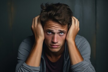 A young man sits in a softly illuminated space, holding his head in despair. His expressive eyes reveal deep thoughts, reflecting an internal struggle during a still moment