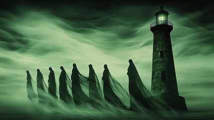 Ghostly figures, lighthouse, eerie mist