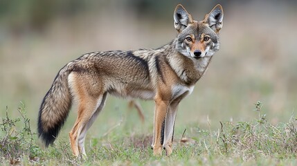Obraz premium A coyote is positioned gracefully in a grassy area, its ears perked up and fur shining in the warm glow of the late afternoon sun. The surrounding environment is serene and natural