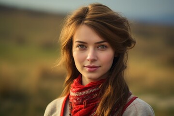 Naklejka premium In a tranquil setting, a young woman stands with a gentle expression, dressed in a cozy outfit and a striking red scarf