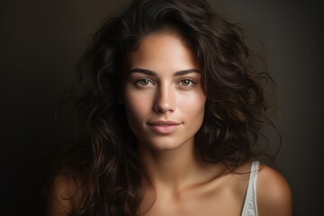Naklejka premium A young woman with wavy, dark hair gazes softly at the viewer, her warm brown eyes reflecting a sense of calm and confidence, surrounded by a gentle, blurred background