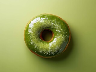 A delicious green matcha donut, viewed from a straight-on perspective, laying flat against a clean surface. The vibrant green color of the matcha glaze contrasts beautifully with the soft, golden-brow