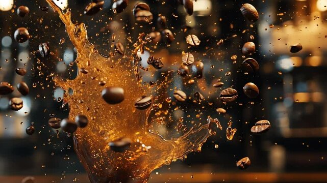 Coffee Explosion: An artistic close-up captures a dynamic moment as coffee beans erupt from a rich brown liquid, creating a visually captivating splash. 