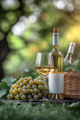 Green grapes and white wine on the grass at a picnic outdoors