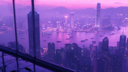 Purple Hong Kong cityscape dawn view from skyscraper window.